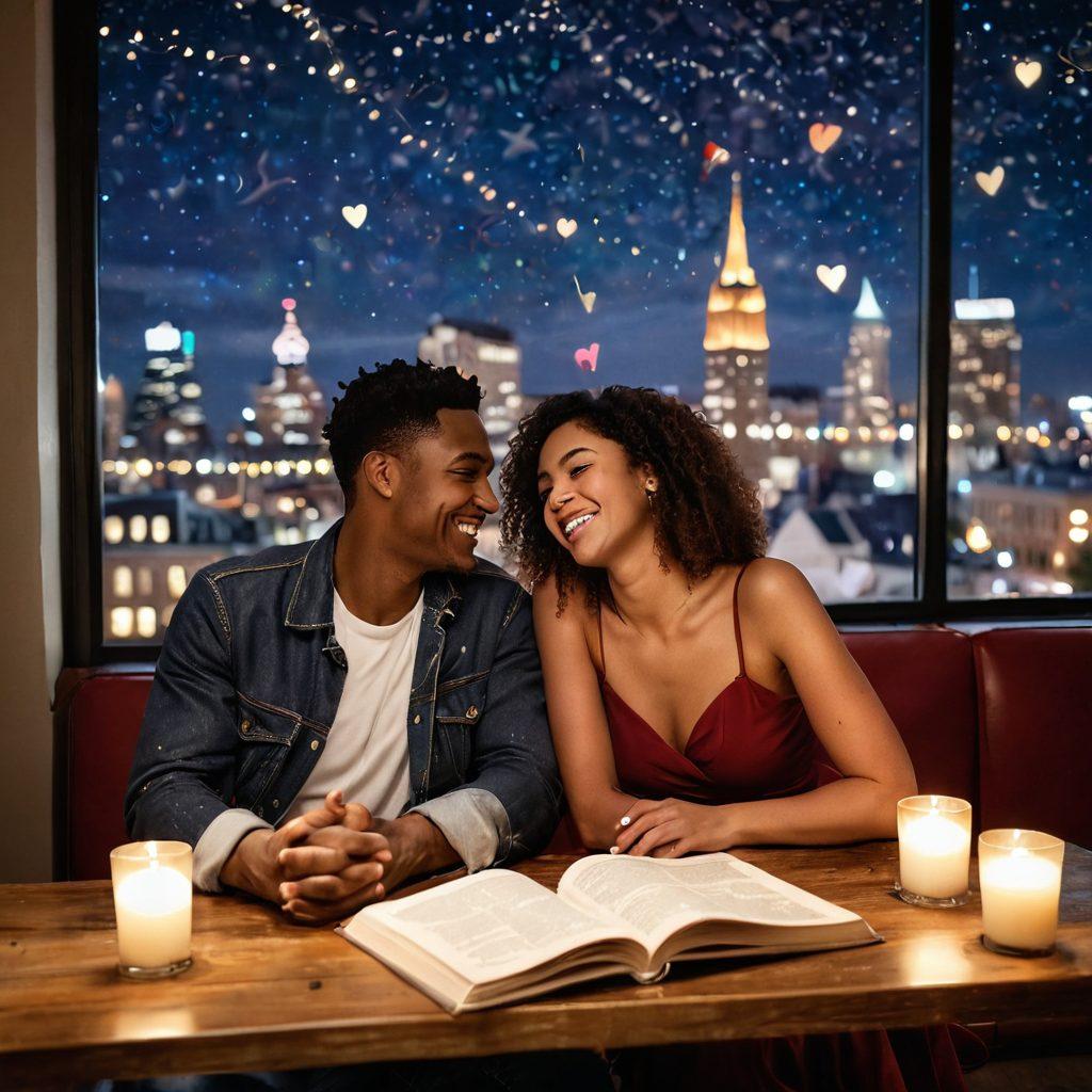 A romantic scene depicting a diverse couple laughing and embracing in a cozy, softly lit café, surrounded by heart-shaped décor and relationship books scattered on a table. In the background, a dreamy cityscape glimmers under the stars, symbolizing modern love. Add elements of warmth, connection, and intimacy to the atmosphere. vibrant colors. soft focus.
