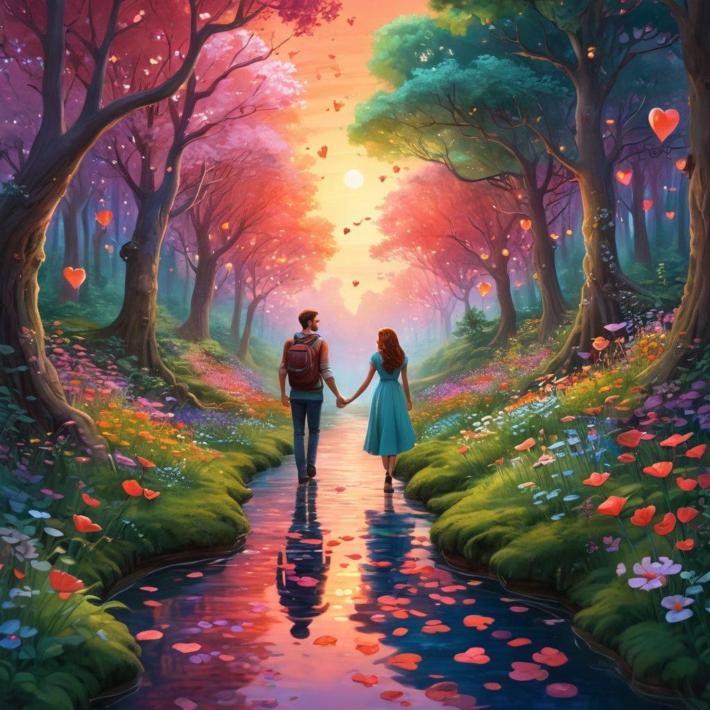 A whimsical illustration of a couple exploring a lush, enchanted forest, discovering floating glowing hearts along their path. The scene should capture their joy and connection, with vibrant magical creatures and flowers symbolizing love and growth. Add a dreamy sunset background that symbolizes new beginnings. painting. vibrant colors. 3D elements.