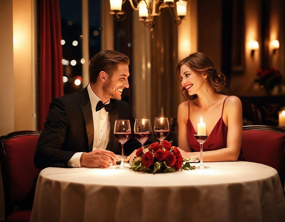 A warm and inviting scene of a couple sharing a candlelit dinner at an elegant restaurant, surrounded by soft ambient lighting, showcasing their intimate connection with smiles and laughter. Include elements that represent passion, like red roses and a bottle of wine on the table. The background should convey a cozy atmosphere with subtle dim colors enhancing the romance. dreamy illustration. soft focus. warm tones.